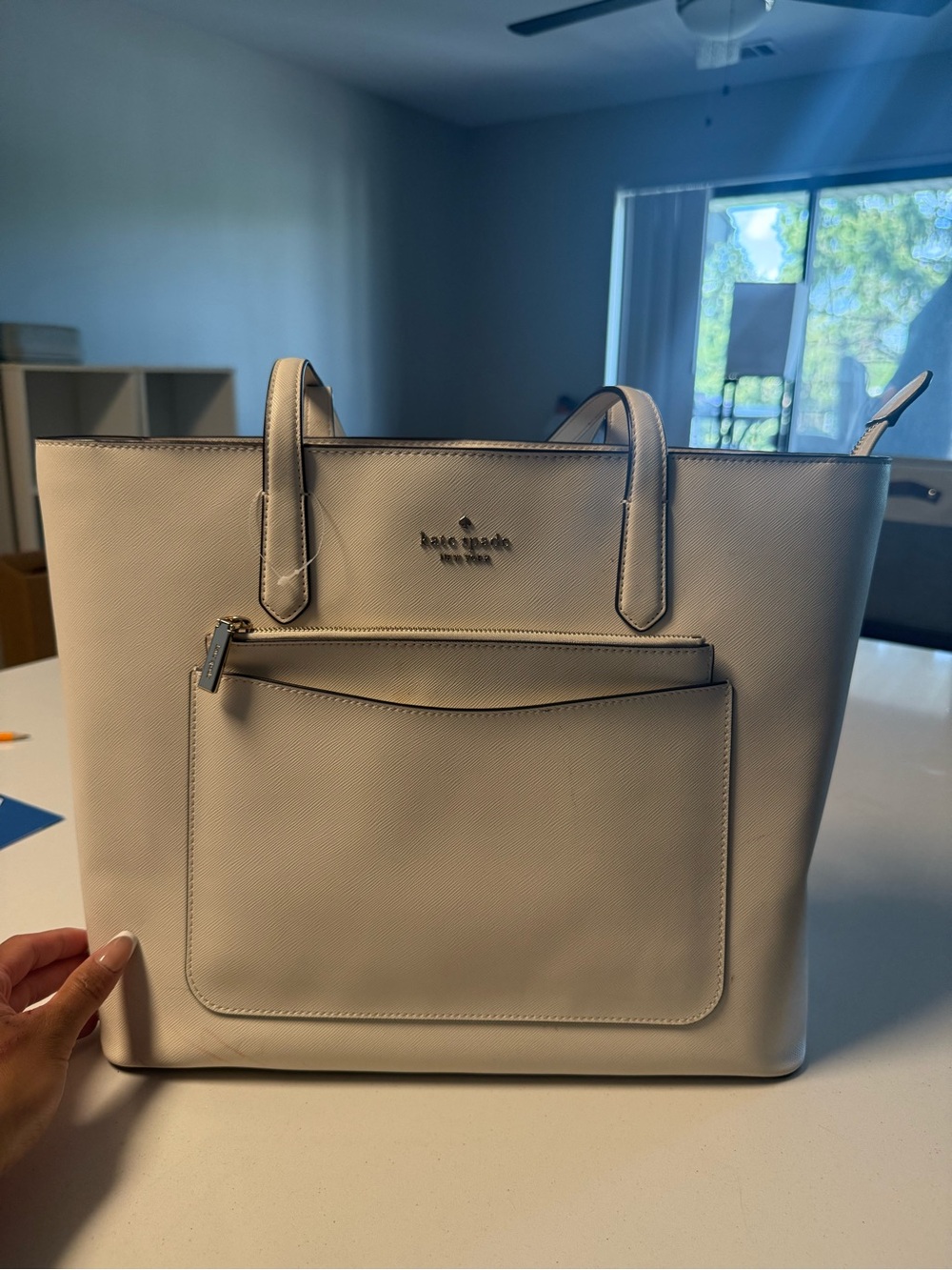 kate spade cream white Saffiano Leather Tote with Front Pocket